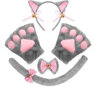 Spooktacular Creations 5 Pcs Kitten Gray Kitty Cat Costume Accessories Set with Cat Ears Headband, Paws Gloves, Bow Tie, Tail for Adult, Kids, Cosplay, Halloween Party Dress Up Accessories Set