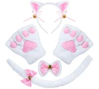 Spooktacular Creations 5 Pcs Kitten White Kitty Cat Costume Accessories with Cat Ears Headband, Paws Gloves, Bow Tie, Tail for Adult, Kids, Cosplay, Halloween Party Dress Up Set