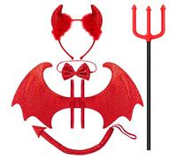 Spooktacular Creations 5 Pieces Halloween Devil Costume Set with Red Devil Wings, Devil Pitchfork, Bow Tie, Sequin Devil Horn Headband, and Devil Tail devil Costume Accessories for Cosplay Party
