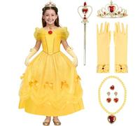Spooktacular Creations 7 Pcs Princess Costume Dress, Girl Yellow Princess Dress with Crown, Wand, Gloves, Necklace, Ring and Earrings
