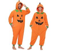 Spooktacular Creations Adults Unisex jumpsuit, Pumpkin Hooded Jumpsuit Costume, Zip-Up Hooded Sleepwear for Halloween Cosplay Costume,XL Orange