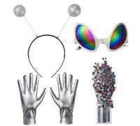 Spooktacular Creations Alien Accessory Set Unique Halloween costumes With Antenna Headband, Sunglasses, Silver Gloves, Glitter Powder for Adult Party Favors
