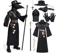 Spooktacular Creations Black Plague Doctor Costumes Set, 10 in 1 Halloween Costume Beak Mask Plague Dr Outfit for Kids (XX-Large)