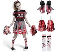 Spooktacular Creations Cheerleader Costume for Girls, Black and Red Dreadful Cheerleader Outfit, Zombie Fearleader Apparel for Halloween Dress Up Parties-S