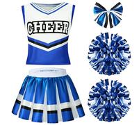 Spooktacular Creations Cheerleader Costume for Girls, Cute Cheerleading Outfit, Blue and White Cheer Uniform for Halloween Dress Up and Role-Playing-S