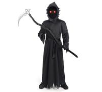 Spooktacular Creations Child Unisex Black Grim Reaper Costume, Creepy Reaper Costume with Gloves Scythe Light-Up Glasses for Boys Halloween Dress up, Role-Playing S(5 - 7 yrs)