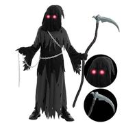 Spooktacular Creations Child Unisex Glowing Eyes Reaper Costume for Creepy Phantom Halloween Costume (Medium (8-10 yrs))