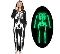 Spooktacular Creations Erwachsene Skelettkostüme für Frauen leuchten im dunklen Jumpsuit Pyjama Reißverschluss mit Kapuze-Jumpsuit Halloween Cosplay-Kostüm, L.