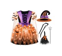 Spooktacular Creations Girls Light Up Witch Costume, Kids Witch Costume with Hat and Broom for Toddler Halloween Dress Up Parties, Orange (Medium (8-10 yr))