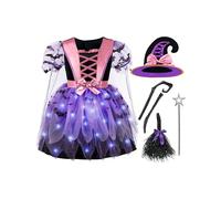 Spooktacular Creations Girls Light Up Witch Costume, Kids Witch Costume with Hat and Broom for Toddler Halloween Dress Up Parties, Purple (Medium (8-10 yr))