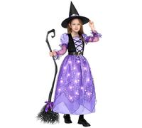 Spooktacular Creations Girls Witch Costume, Light up Witch Costume Kids, Starry Witch Dress with Broom Belt Hat for Girls Halloween Party Role Play-S