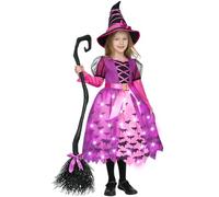 Spooktacular Creations Girls Witch Costume, Pink Light Up Starry Witch Dress with Hat and Broom for Kids, Toddler Halloween Dress Up, Role Play