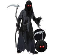Spooktacular Creations Glowing Eyes Grim Reaper Costume for Kids, Scary Halloween Costume for Boys, Black, Large (10-12 yr)