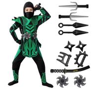 Spooktacular Creations Green Black Halloween Ninja Costume for Boys and Girls, Halloween Dress Up Party, Ninja Role Playing, Themed Parties (Medium(8-10 yrs))
