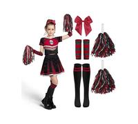 Spooktacular Creations Halloween Cheerleader Costume Girls, Bad Spirit Costume for Kids, Skull Scary Cheerleader Outfit with Accessories for Girls Halloween Parties Role Play, Red Black, S