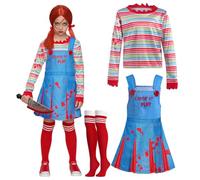 Spooktacular Creations Halloween Child Girl Creepy Doll Costume, Girls Killer Doll Costume with Rainbow Shirt, Dress and Knee-High Stockings for Halloween Cosplay Party-M