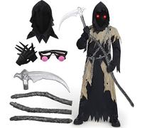 Spooktacular Creations Kids Grim Reaper Costume With Glowing Eyes for Boys, Creepy Black Halloween Dress Up L(10-12 yrs)