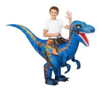 Spooktacular Creations Kids Inflatable Dinosaur Costume, Digital Printing Air Blow Up LED Light Eyes Ride-on Halloween Costume, Riding a Blue Raptor