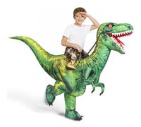 Spooktacular Creations Kids Inflatable Dinosaur Costume, Digital Printing Air Blow Up LED Light Eyes Ride-on Halloween Costume, Riding a Blue Raptor