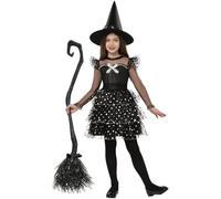 Spooktacular Creations Kids Witch Costume - Black Glittery Witch Dress with Broom Hat, Tights for Toddler Girls Halloween Party Role Play (Small(5-7 yrs))
