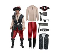 Spooktacular Creations Men Pirate Costume, Adult Khaki Pirate Shirt Vest Viking Pants Hat Accessories Set for Halloween Themed Trick or Treating Cosplay Parties (Medium)