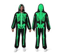 Spooktacular Creations Skeleton Jumpsuit Adult Men Glow in the Dark Zip Up Hooded Costume for Halloween Dress Up Party Role Playing Themed Parties Cosplay - Large Black