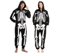 Spooktacular Creations Unisex Skeleton jumpsuit Pajama Plush Skeleton Jumpsuit Zippered Halloween Hoody Pajama for Adult Sleepwear Costume(Small) Black