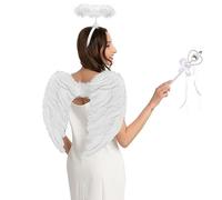 Spooktacular Creations White Angel Accessories Set with Feather Wings, Halo Headband and Wand for Halloween Party Fancy Dress Costume