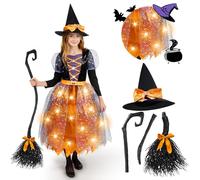 Spooktacular Creations Witch Costume Kids, Light Up Halloween Costumes Witch Dress with Hat and Broom for Girls, Sweet Wizard Set for Toddler Scayr Halloween Themed Parties, Orange, L