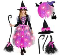 Spooktacular Creations Witch Costume Kids, Light Up Halloween Costumes Witch Dress with Hat and Broom for Girls, Sweet Wizard Set for Toddler Scary Halloween Themed Parties, Pink, S