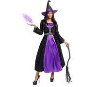 Spooktacular Creations Women Black and Purple Gorgeous Velvet Witch Dress Costume with Sequin Hat, Choker Necklace, and Belt for Halloween Party M