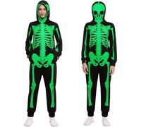 Spooktacular Creations Women Skeleton Jumpsuit Pajama Glow in the Dark Costume Cute Halloween Costume for Dress Up Party Role Playing Themed Parties Black (Small)