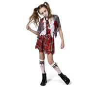 Spooktacular Creations Zombie Schoolgirl Costume, Girl Bloody Zombie Costume for Kids,Halloween, School, Event Party Dress Up (Gray, Medium(8-10 yrs))