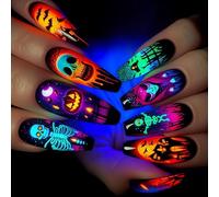 Spooktacular Halloween Press-On Collection with 24 Pcs of Skeleton and Pumpkin Bat Designs in Coffin Shape