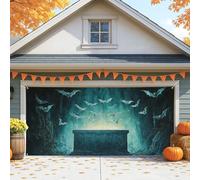 Spooky Bats Garage Door Cover, Teal Halloween Decor, Large Outdoor Halloween Decorations, Fall Party Background Decor 157x71 Inch