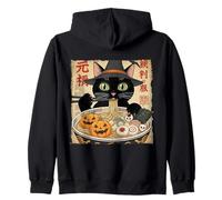 Spooky Black Cat Witch Hat Slurping Ramen Vintage Halloween Zip Hoodie