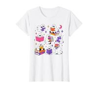 Spooky Bookworm Ghosts Reading Books Pattern Value Graphic T-Shirt, Women, White, XS