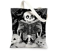 Spooky Canvas Tote Bag, Artistic Skeleton and Pumpkin Design Reusable Grocery Bags, Lightweight Washable Shoulder Strap Can, Black, 13x15 Inch
