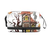 Spooky Castle Dead Tree Spiderweb Double Layer Cosmetic Bag for Women and Girls, Travel Toiletry Bag Makeup Handy Pouch Organiser Bag with Brush Compartment