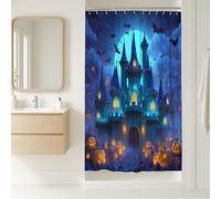 Spooky Castle Shower Curtain, Blue Halloween Decor with Pumpkins and Bats, Gothic Bathroom Set for Fall Season, Waterproof Fabric Shower Curtain with Hooks 36x72 Inch