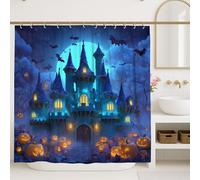 Spooky Castle Shower Curtain, Blue Halloween Decor with Pumpkins and Bats, Gothic Bathroom Set for Fall Season, Waterproof Fabric Shower Curtain with Hooks 72x72 Inch
