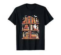 Spooky Cat Reading on Haunted Book Shelves for Book Lovers T-Shirt