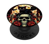 Spooky Cat Skull with Red Roses Halloween Art PopSockets Swappable PopGrip