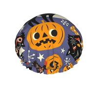 Spooky Cats And Halloween Pumpkins Shower Caps for Women Reusable Waterproof Soft Shower Hat Double Protection Layers