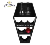 Spooky Coffin Wine Shelf With Glass Slots & "witch Way To The Wine" Decor