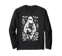 Spooky Cute Folk Art Ghost with Black Cat Halloween Long Sleeve T-Shirt