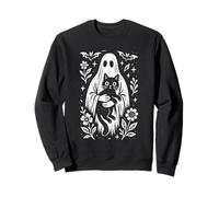 Spooky Cute Folk Art Ghost With Black Cat Halloween Sweatshirt