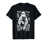 Spooky Cute Folk Art Ghost with Black Cat Halloween T-Shirt