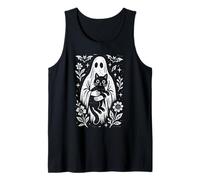 Spooky Cute Folk Art Ghost with Black Cat Halloween Tank Top