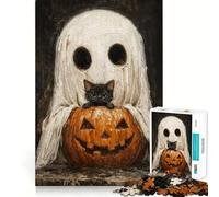 Spooky Cute Ghost And Black Cat with Pumpkin Jigsaw Puzzle for Adults 1000 Pieces Smart Game Tension Relief Pattern Assembly Heartfelt Gift 50x75cm
